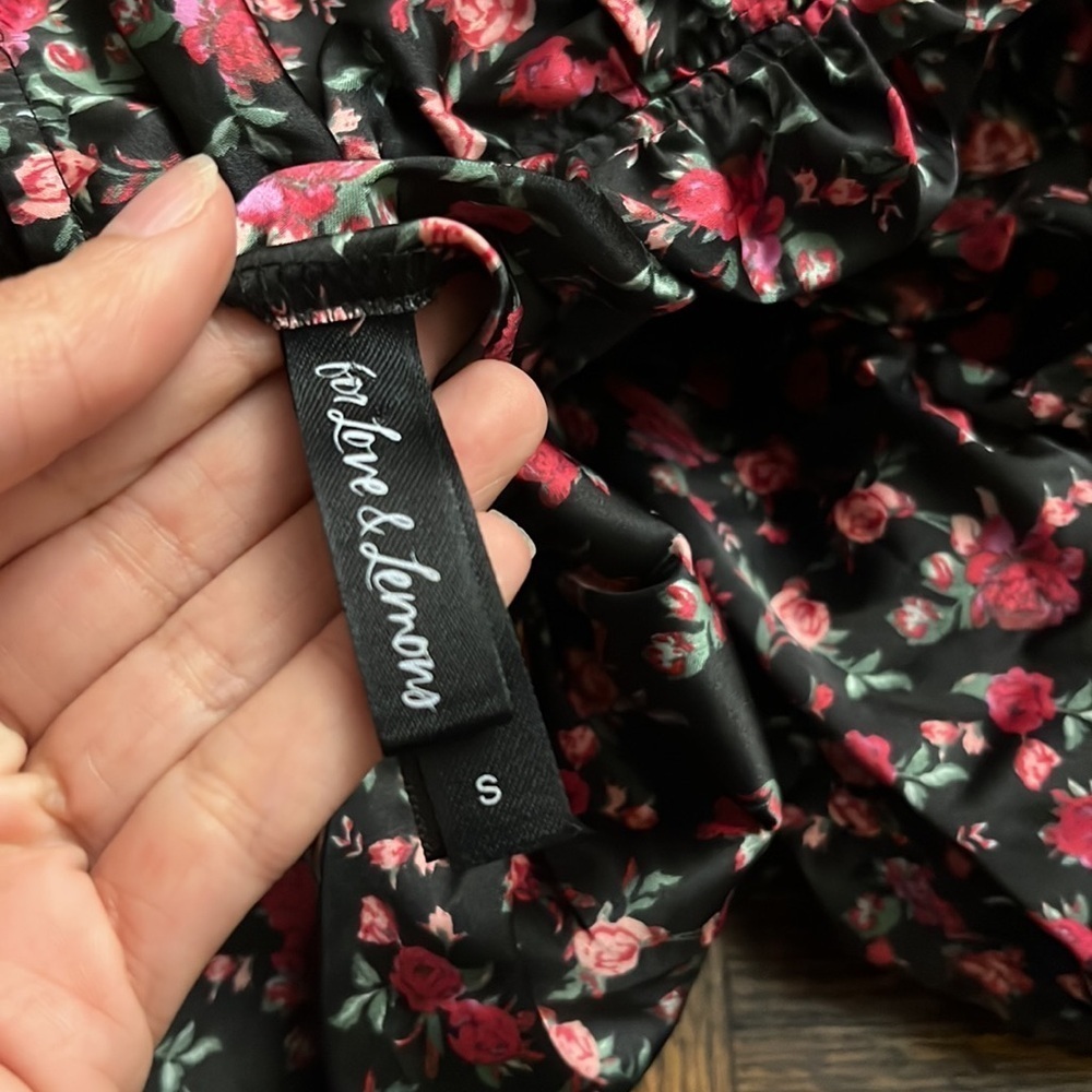 For Love & Lemons Melrose Satin Black and Pink Ruche Mini Puff sleeve dress - Picture 13 of 16